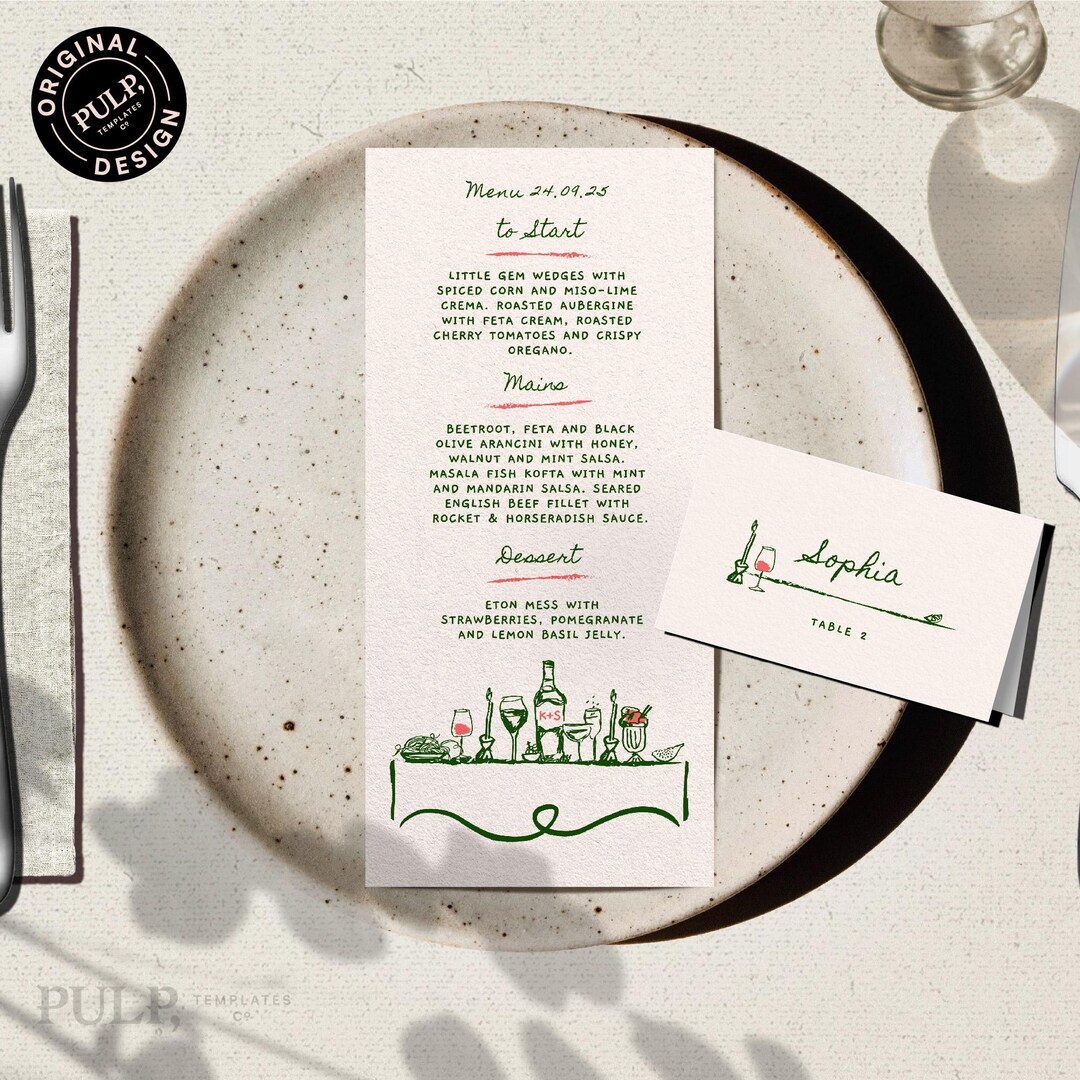 MENU + PLACE CARD Template | 9x4" and Dl Dinner Party Menu | Wedding ...