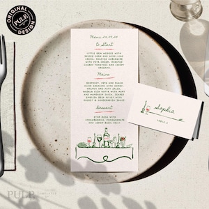 MENÜ + TISCHKARTE Vorlage | 23x10 cm und dl Dinner Party Menü | Hochzeitsprobe | wunderlich, handgezeichnet, handgemacht | download | 0035