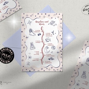 Modèle de CARTE DE CALENDRIER DE MARIAGE | ordre des événements | détails de la journée | icônes illustrées célestes dessinées à la main géniales | modifiable imprimable |  0062