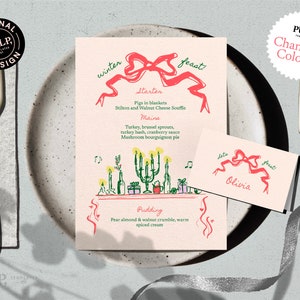 MENU + Modelo de CARTÃO DE LUGAR | Jantar de férias | Festa Retro VintageWinter | Natal ilustrado desenhado à mão e manuscrito | 0025