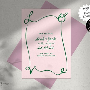 SAVE THE DATE template invitation | wavy romantic green and pink wedding | whimsical handwritten colorful download | retro simple | 0034