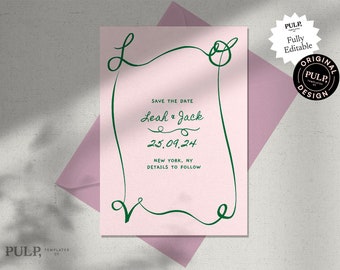 SAVE THE DATE template invitation | wavy romantic green and pink wedding | whimsical handwritten colorful download | retro simple | 0034