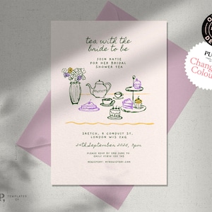 BRIDAL SHOWER INVITE template | whimsical hand drawn and handwritten invitation | colorful trendy invitation | afternoon tea party | 0035