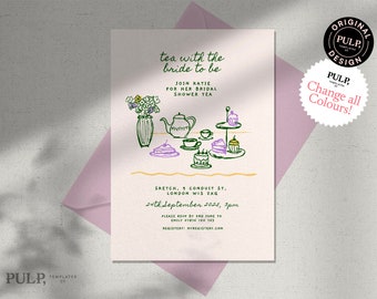 BRIDAL SHOWER INVITE template | whimsical hand drawn and handwritten invitation | colorful trendy invitation | afternoon tea party | 0035