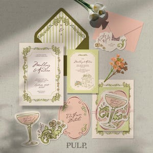 Può includere: Un assortimento di articoli di cancelleria per matrimoni, tra cui inviti e biglietti di risposta. I disegni presentano accenti floreali, caratteri eleganti e una tavolozza di colori rosa tenue, verde e crema. La parola "Pulp" è visibile.