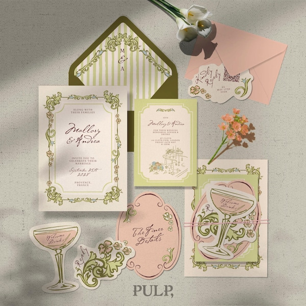 Art Nouveau Wedding Invitation Bundle, Welcome Drinks Card, RSVP Template, Die Cut Suite, Vintage Floral Aesthetic, Editable DIY | 0081