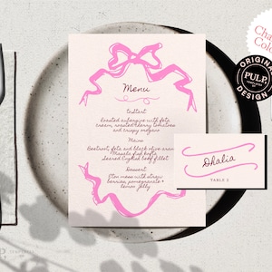 Modelo de MENU E CARTÃO | rabisco desenhado à mão retrô rosa arco ilustrado e menu digital manuscrito | cardápio de casamento | cardápio de festa | 025
