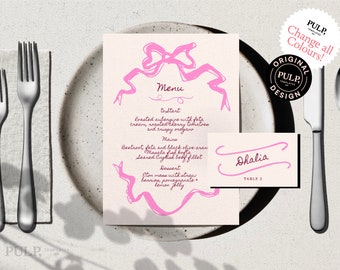 MENU AND PLACECARD template | pink retro hand drawn scribble illustrated bow and handwritten digital menu | wedding menu | party menu | 025