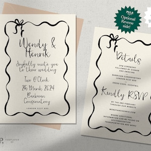 WEDDING INVITATION Double Sided | Retro Mid Century Style w/ Black Scallop Wavy Edge and Bow | Instant Download Template | Handwritten |0021