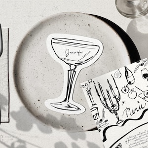 coupe à champagne en forme de cocktail pour TABLE DES PLACES | cartes de visite de cocktail martini dessinées à la main | funky, cool | 0035