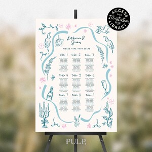 May include: A wedding seating plan displayed on an easel. The cream-coloured chart features teal and pink illustrations and text. The text includes the names "Katherine & James" and "PLEASE TAKE YOUR SEATS". The chart is divided into nine tables.