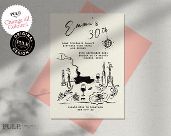 BIRTHDAY INVITE TEMPLATE | 18th 21st 30th 40th 50th  | dinner party tapas | hand drawn | quirky funky scribble illustration | drinks | 0024