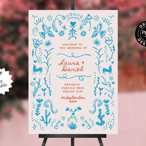 WEDDING WELCOME SIGN template | Mexican inspired hand drawn and handwritten party sign | colorful, whimsical, fairytale illustrations | 0033