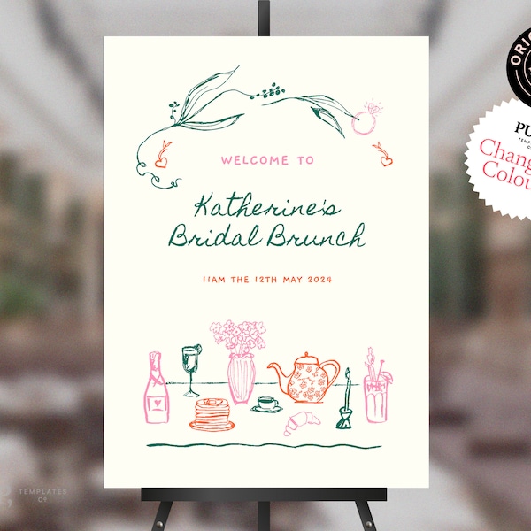 BRIDAL SHOWER welcome sign template | cute whimsical hand drawn + handwritten style font | colorful fun | bridal brunch | 0035