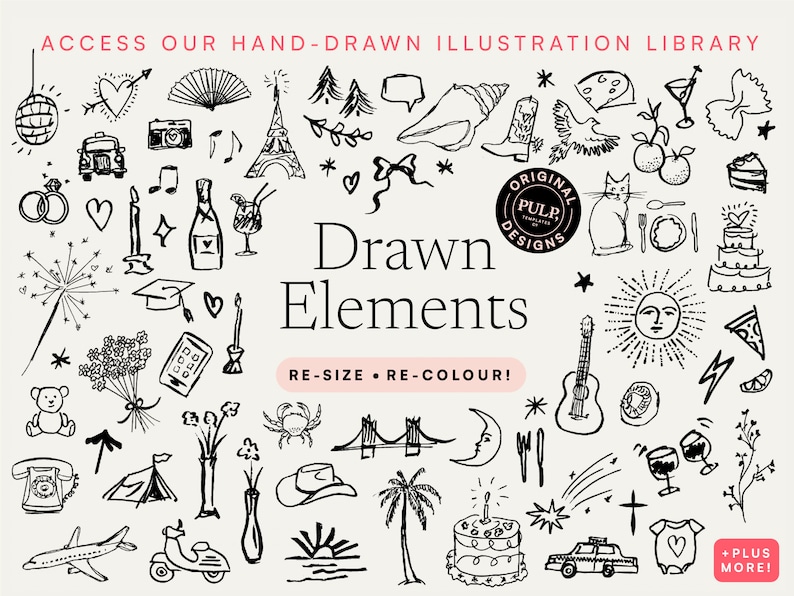 May include: A collection of hand-drawn illustrations featuring various objects, including a cat, a guitar, a sun, a pizza slice, a heart, a camera, a Eiffel Tower, a crab, a cowboy hat, a palm tree, a cake, a taxi, a baby onesie, and more. The text "Drawn Elements" and "RE-SIZE RE-COLOUR!" is also included in the image.
