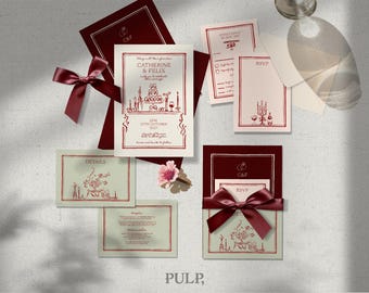 Può includere: Invito di nozze con dettagli bordeaux e crema. Il set include inviti, biglietti di risposta e biglietti di dettaglio, tutti con un'illustrazione decorativa e i nomi "Catherine & Felix". Un nastro bordeaux aggiunge un tocco di eleganza.