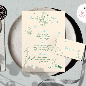 MENÜ + PLATZKARTE Vorlage | Feiertags-Dinner-Party | Winterparty | Handgezeichnetes & handgeschriebenes Doodle illustrierte Weihnachtshochzeit | 0035