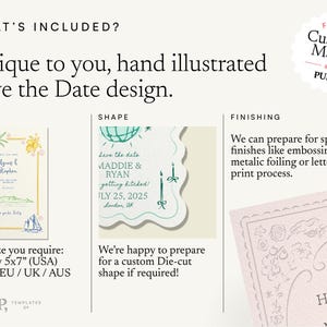 K&ouml;nnte beinhalten: Das Bild zeigt individuelle Save-the-Date-Designs. Es enth&auml;lt Beispiele f&uuml;r verschiedene Formen und Gr&ouml;&szlig;en, einschlie&szlig;lich A5. Die Designs weisen handillustrierte Elemente und die Option f&uuml;r spezielle Veredelungen wie Pr&auml;gungen auf.