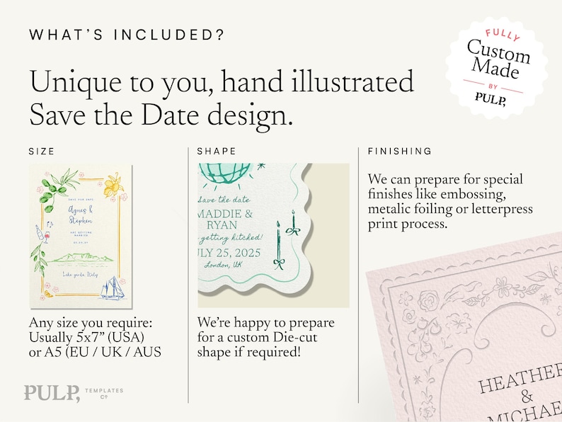 K&ouml;nnte beinhalten: Das Bild zeigt individuelle Save-the-Date-Designs. Es enth&auml;lt Beispiele f&uuml;r verschiedene Formen und Gr&ouml;&szlig;en, einschlie&szlig;lich A5. Die Designs weisen handillustrierte Elemente und die Option f&uuml;r spezielle Veredelungen wie Pr&auml;gungen auf.