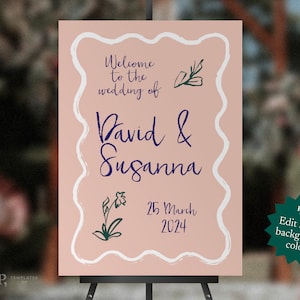 WEDDING WELCOME SIGN Template | Wavy Scallop Edge, Handwritten and Hand Drawn Sketch Style | Illustrated | Instant Download Digital | 0020