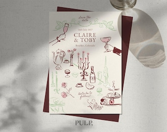 Plantilla para guardar la fecha / caprichosa, divertida, dibujada a mano, escena de mesa de fiesta con vela y vino / retro vintage / invitación / 0076