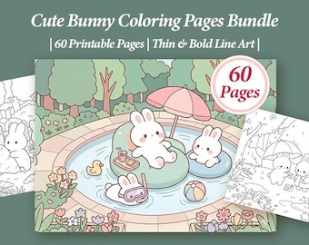 Bunny Coloring Pages Bundle: 60 Thin & Bold Line Art Pages (Digital Download)