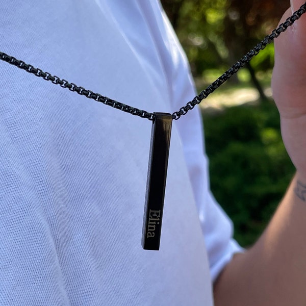 Collier de bar 3D , Collier de bar personnalisé , Collier personnalisé pour hommes , Collier noir , Cadeau de fête des pères , Collier de nom pour hommes