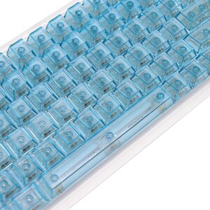 Op de afbeelding: Een transparant plastic toetsenbord met lichtblauwe toetsen. Het toetsenbord is leeg en heeft geen tekst op de toetsen.