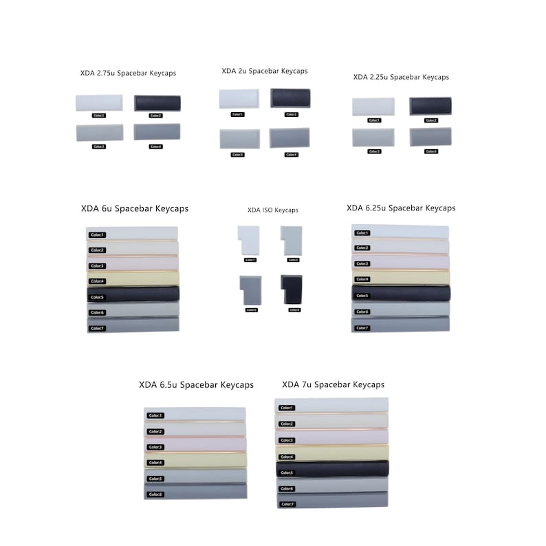 Puede incluir: Una variedad de teclas XDA en diferentes tama&ntilde;os y colores, incluyendo 2.75u, 2u, 2.25u, 6u, 6.25u, 6.5u y 7u. Las teclas est&aacute;n dispuestas en filas, con cada fila representando un tama&ntilde;o diferente. Las teclas est&aacute;n hechas de una variedad de materiales, incluyendo pl&aacute;stico ABS y pl&aacute;stico PBT.