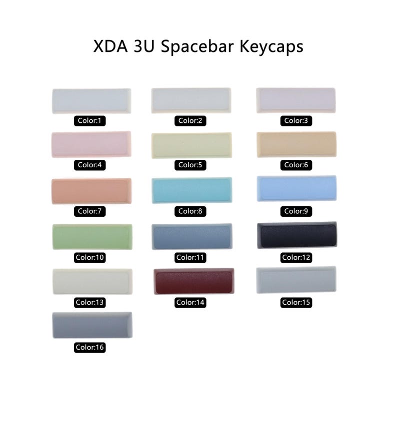 Puede incluir: Un conjunto de 16 teclas de barra espaciadora de diferentes colores para teclados mec&aacute;nicos. Las teclas est&aacute;n hechas de perfil XDA y tienen un tama&ntilde;o de 3U. Los colores incluyen blanco, rosa claro, amarillo claro, marr&oacute;n claro, azul claro, gris claro, verde, gris oscuro, negro, beige, burdeos y gris oscuro.
