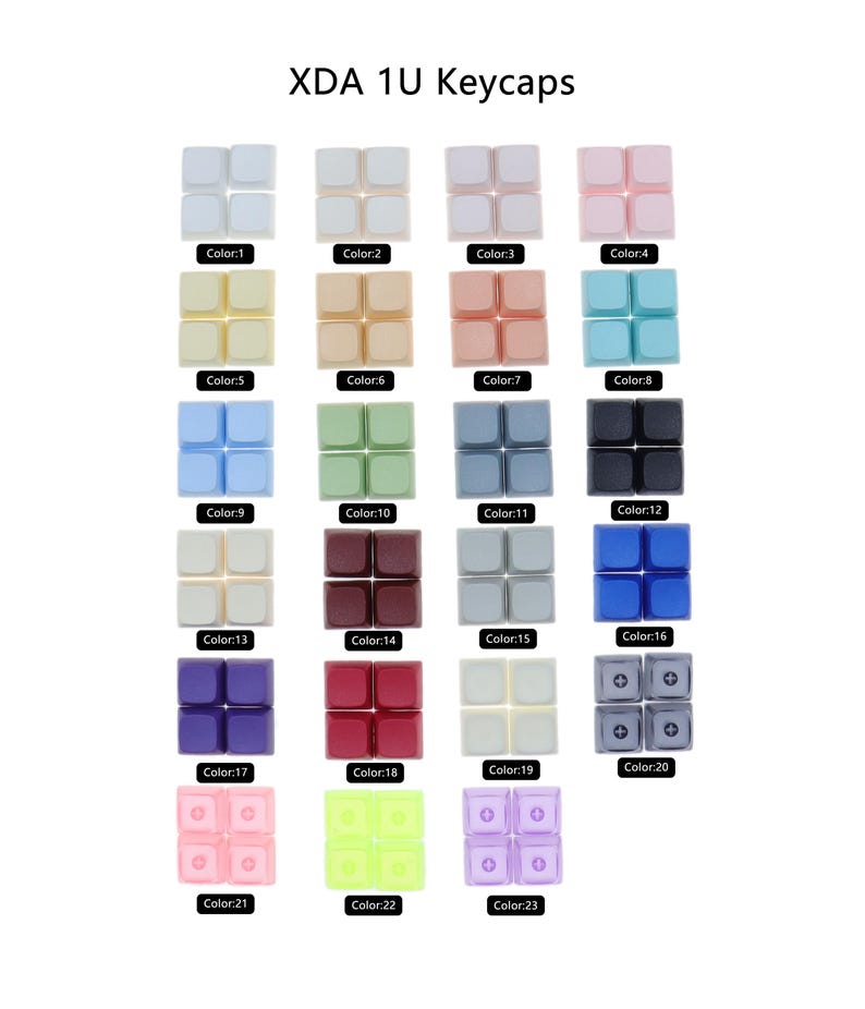 Puede incluir: Un conjunto de 23 teclas de diferentes colores para un teclado mec&aacute;nico. Las teclas est&aacute;n hechas de pl&aacute;stico y tienen un perfil XDA. Las teclas est&aacute;n dispuestas en filas de cuatro, con cada fila etiquetada con un n&uacute;mero de color.