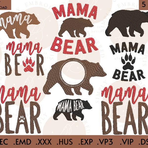 9 Mama Bear Embroidery Design, Mother Embroidery Pattern, Bear Machine Embroidery File - 10 formats, 5 sizes