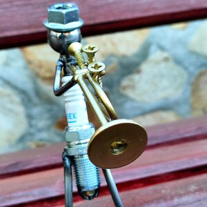 Welded Metal Trumpet Player Sculpture: Spark Plug Art