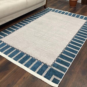 Minimalist Blue Border Rug,Modern Area Rug,Contemporary Minimalist Design,Perfect for Living Room or Office Rug,Handwoven Blue Area Rug