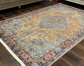 Tappeto in stile vintage, con motivo floreale blu e giallo, in cotone.