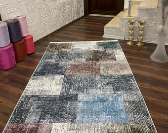 Multicolor Geometric Patchwork Cotton Rug, Bohemian Home Decor