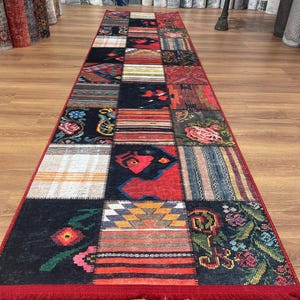 Vintage patchwork turkisk löparmatta, boho hallmatta