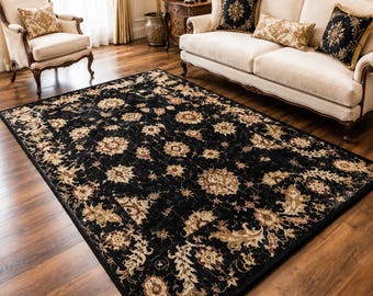 Black Gold Rug, Elegant Floral Pattern Carpet