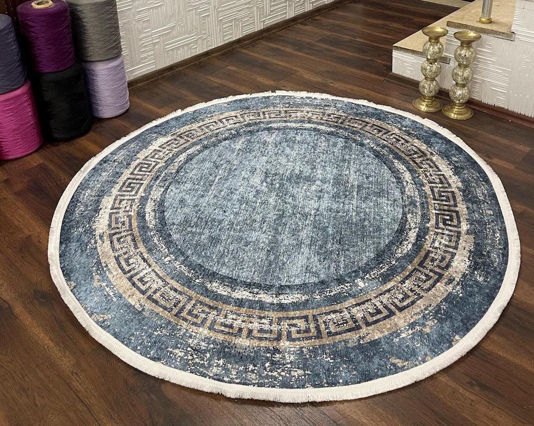Greek Round Rug Texture Blue Round Rug, Traditional Greek Key Design, Cotton Area Rug - Etsy
