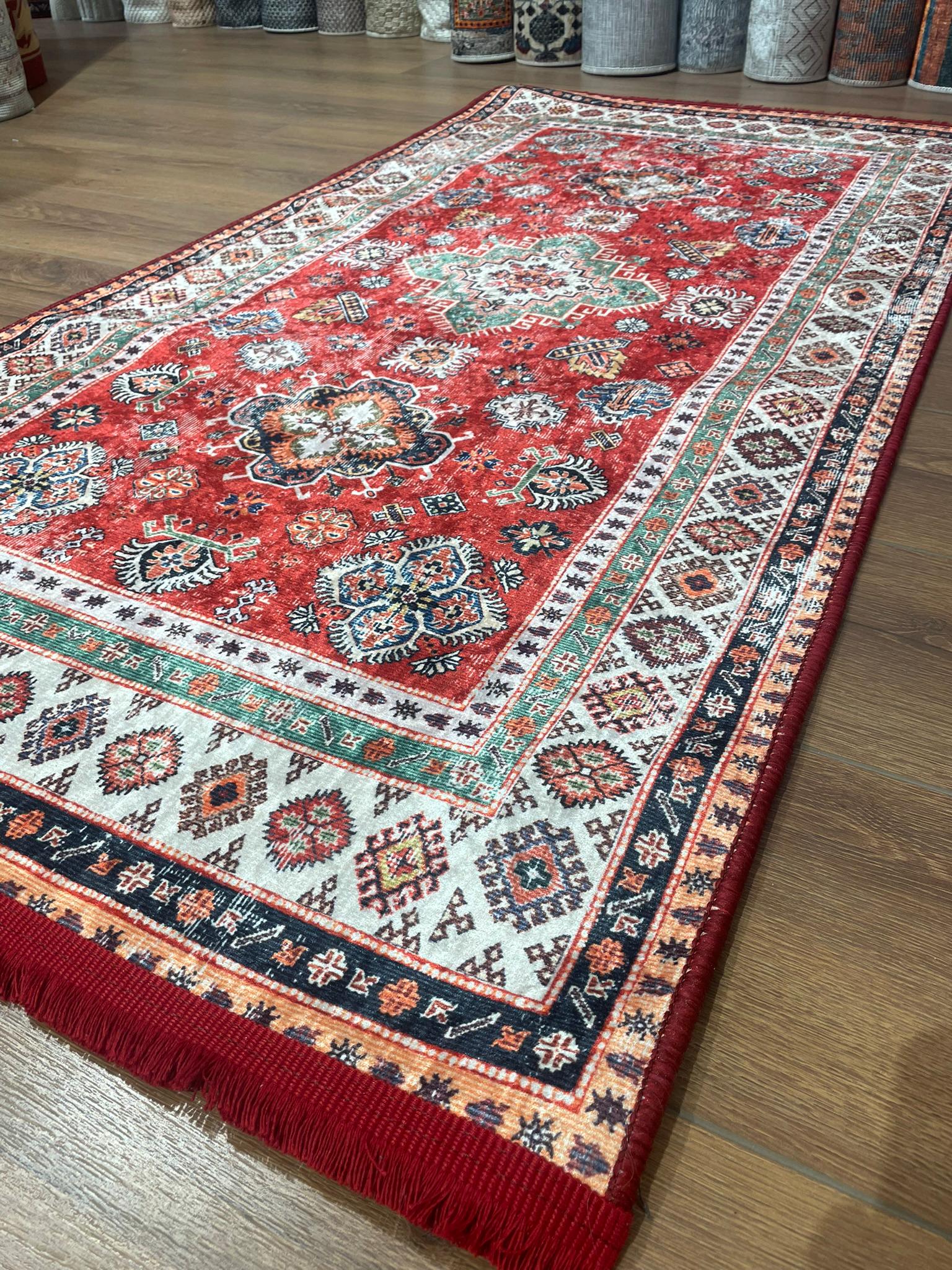 Red Turkish Rug – Vintage Style Geometric Tribal Carpet, Boho Area Rug ...