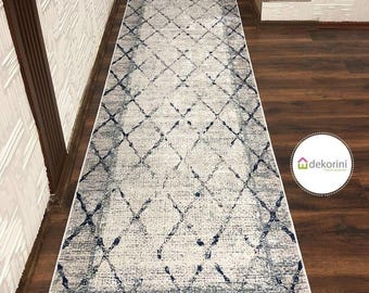 Washable Runner Rug, Blue Grey Diamond, Modern Boho Decor
