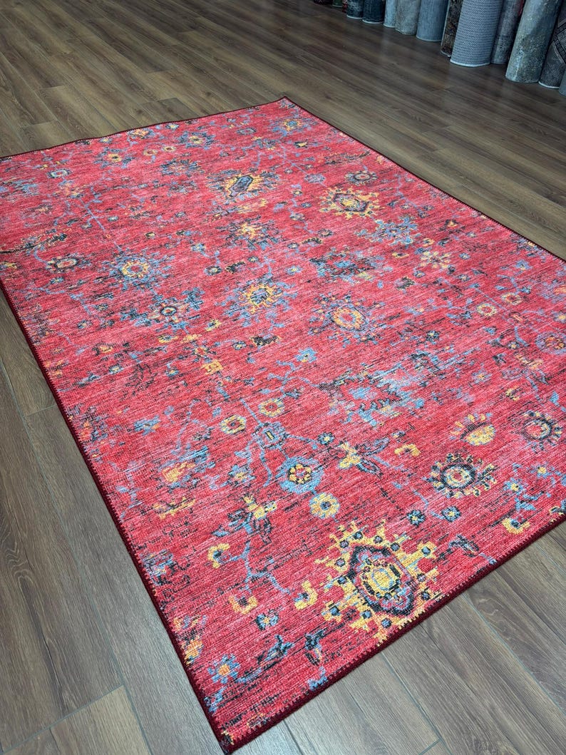 Red Distressed Oriental Area Rug – Bohemian Living Room Carpet ...