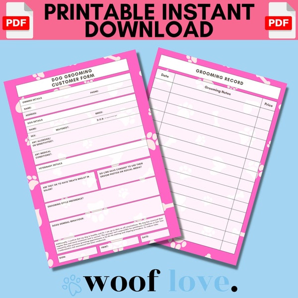Printable Dog Grooming Form (PAW EDITION) | Mobile Dog Grooming Template | Dog Grooming Business Forms | Dog Groom Record Form