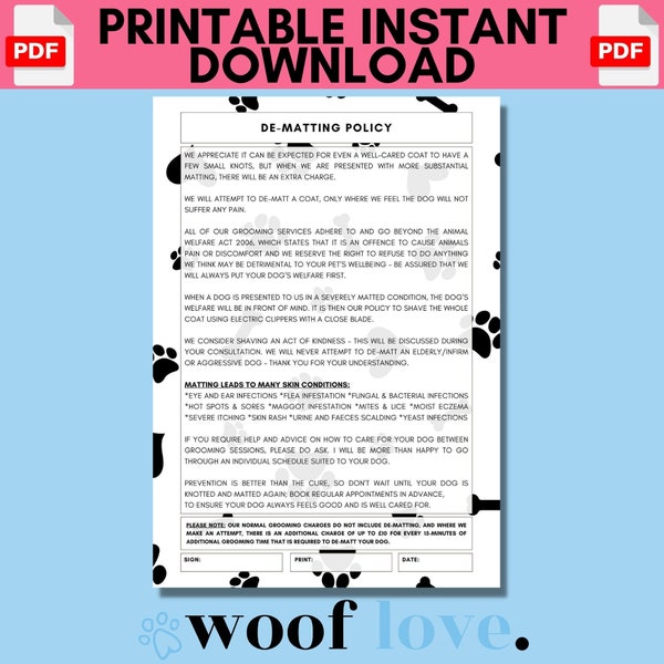 Printable Dog Grooming De Matting Policy (PAW EDITION) | Mobile Dog Grooming Template | Dog Grooming Business Forms | Dog Grooming Policies