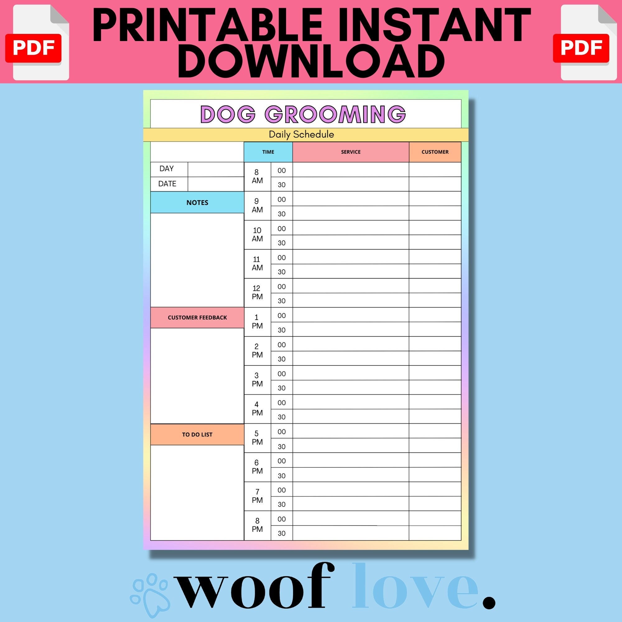 Printable Dog Grooming Daily Schedule Form RAINBOW EDITION Dog Grooming