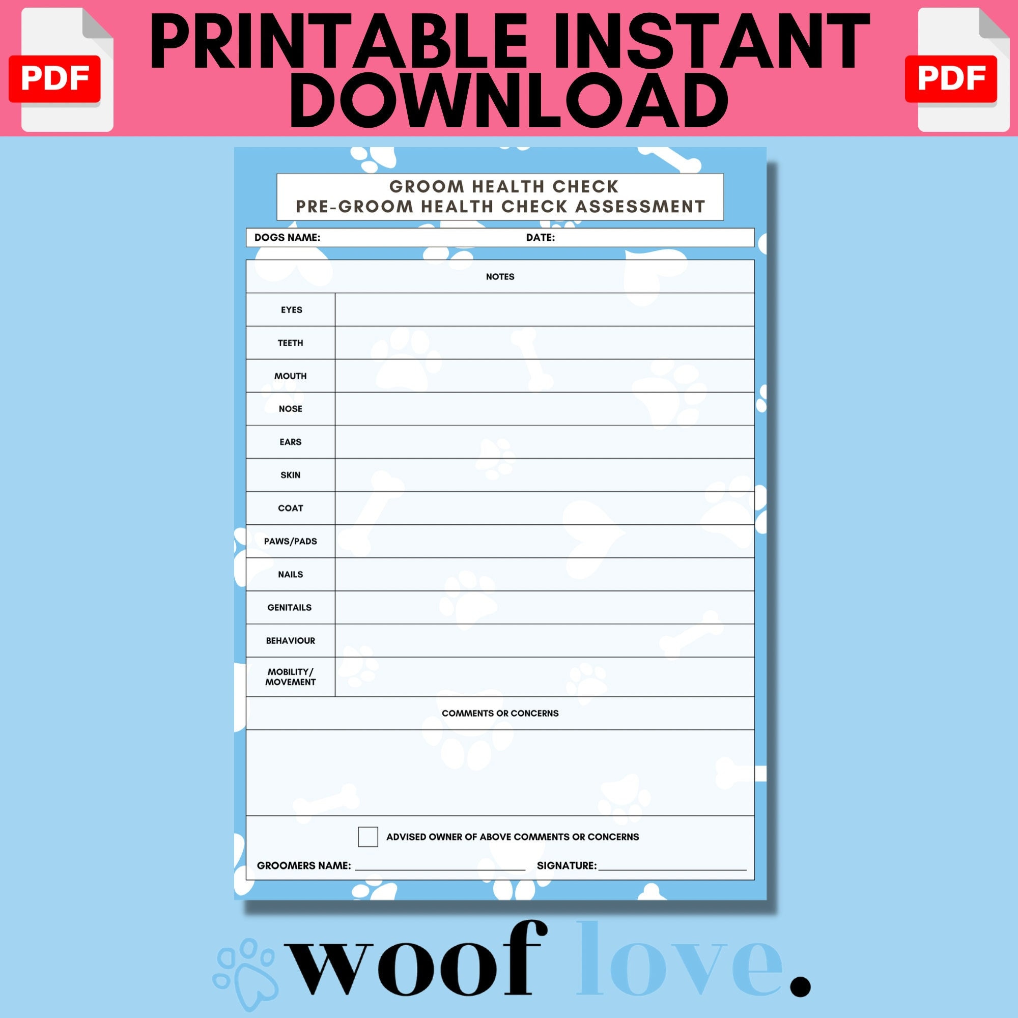 Printable Dog Grooming Health Check Form PAW EDITION Dog Grooming Template Dog Grooming Business