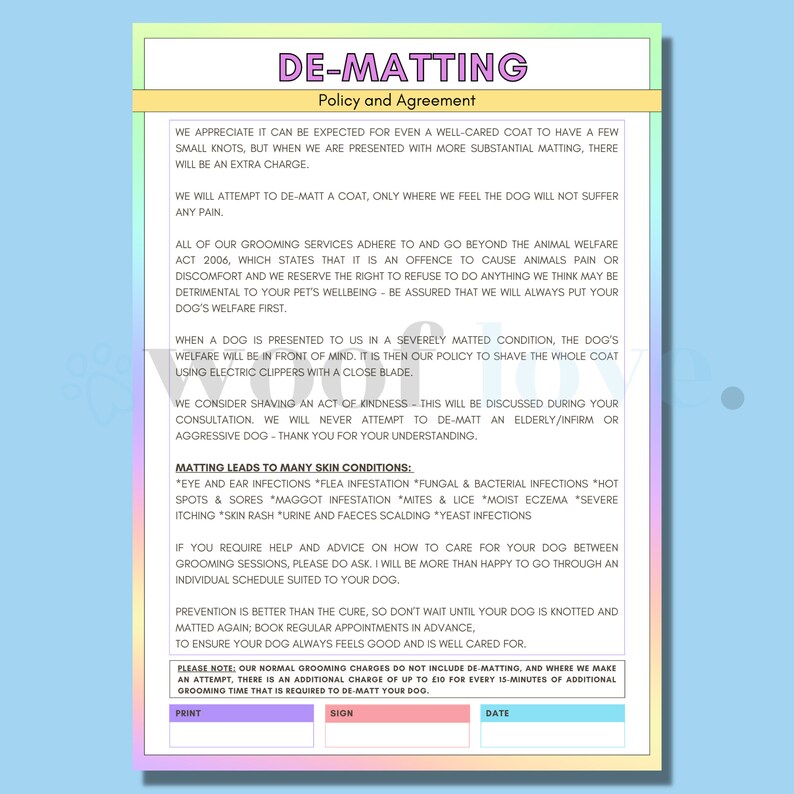 Printable Dog Grooming Dematting Policy RAINBOW Mobile Etsy UK