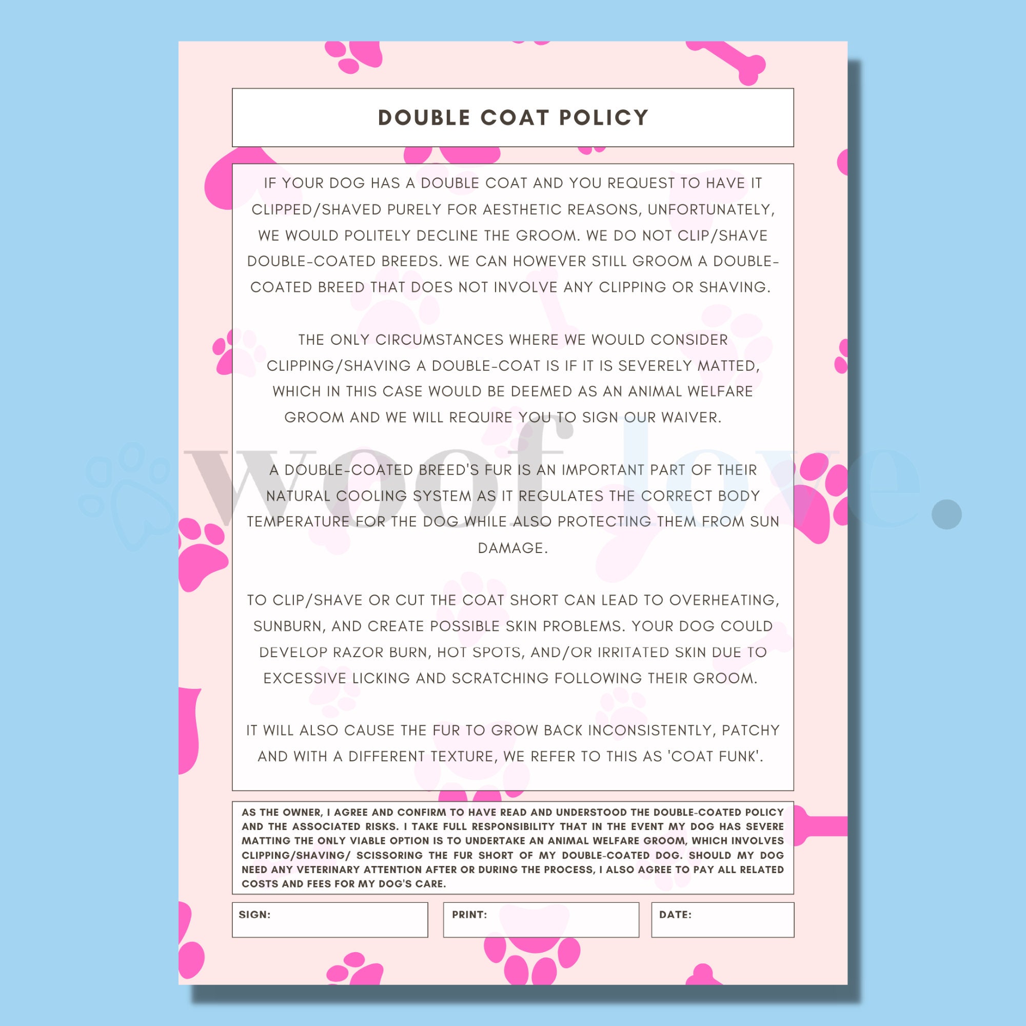 Printable Dog Grooming Double Coat Policy PAW EDITION Mobile Dog