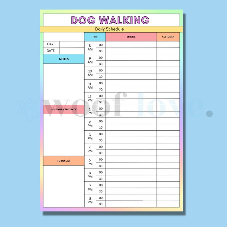 Printable Dog Walking Daily Schedule Form RAINBOW EDITION Dog Walking printable-dog-walking-daily-schedule-form-rainbow-edition-dog-walking