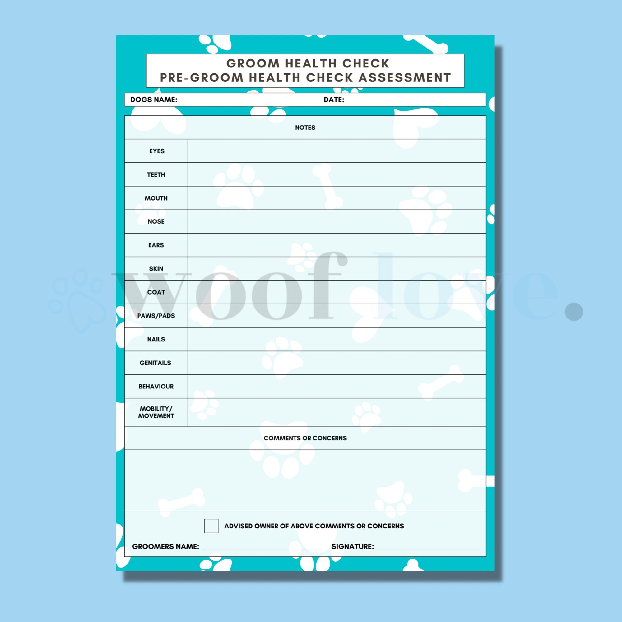 Printable Dog Grooming Health Check Form PAW EDITION Dog Etsy